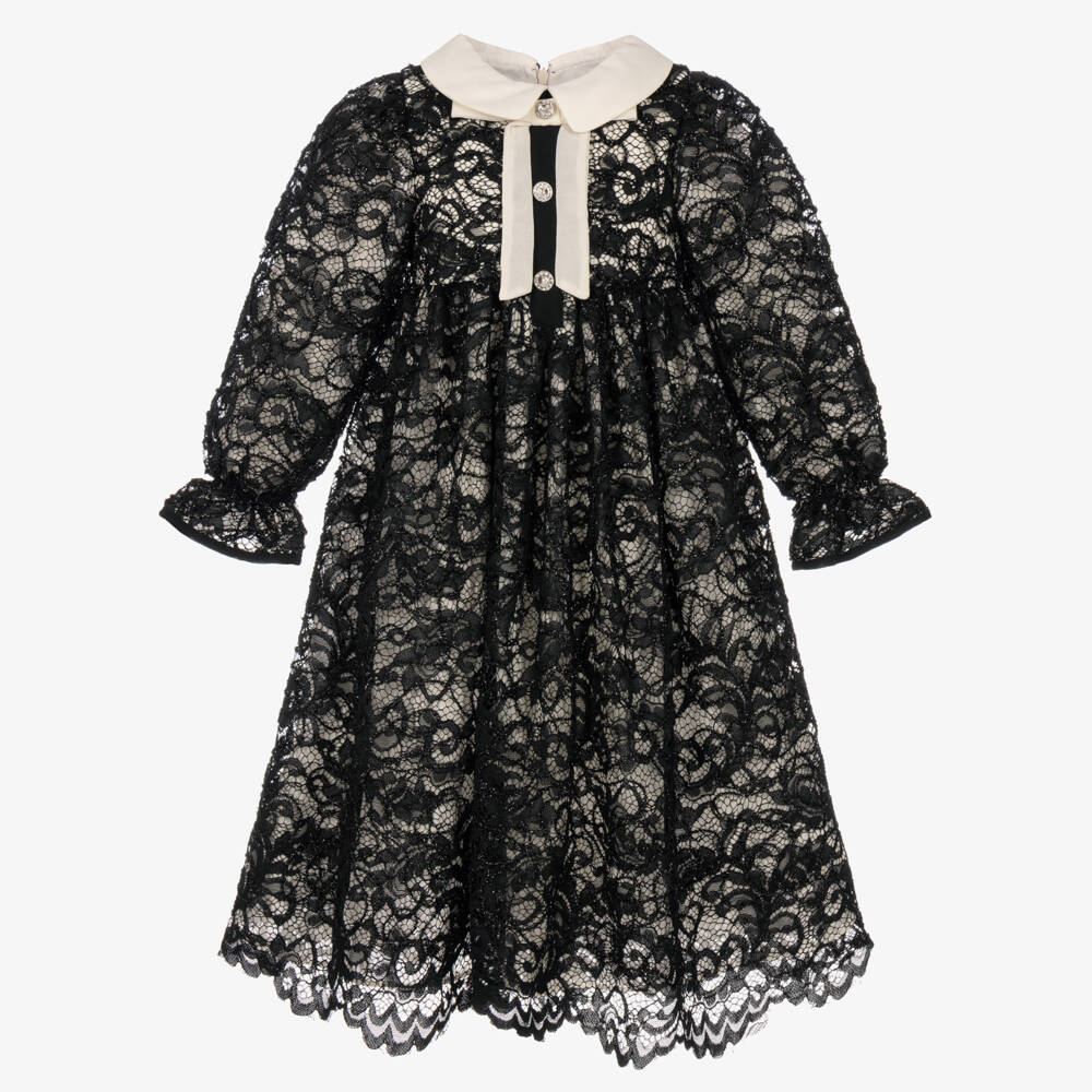 Patachou-Girls Black Guipure Lace Dress  | Childrensalon