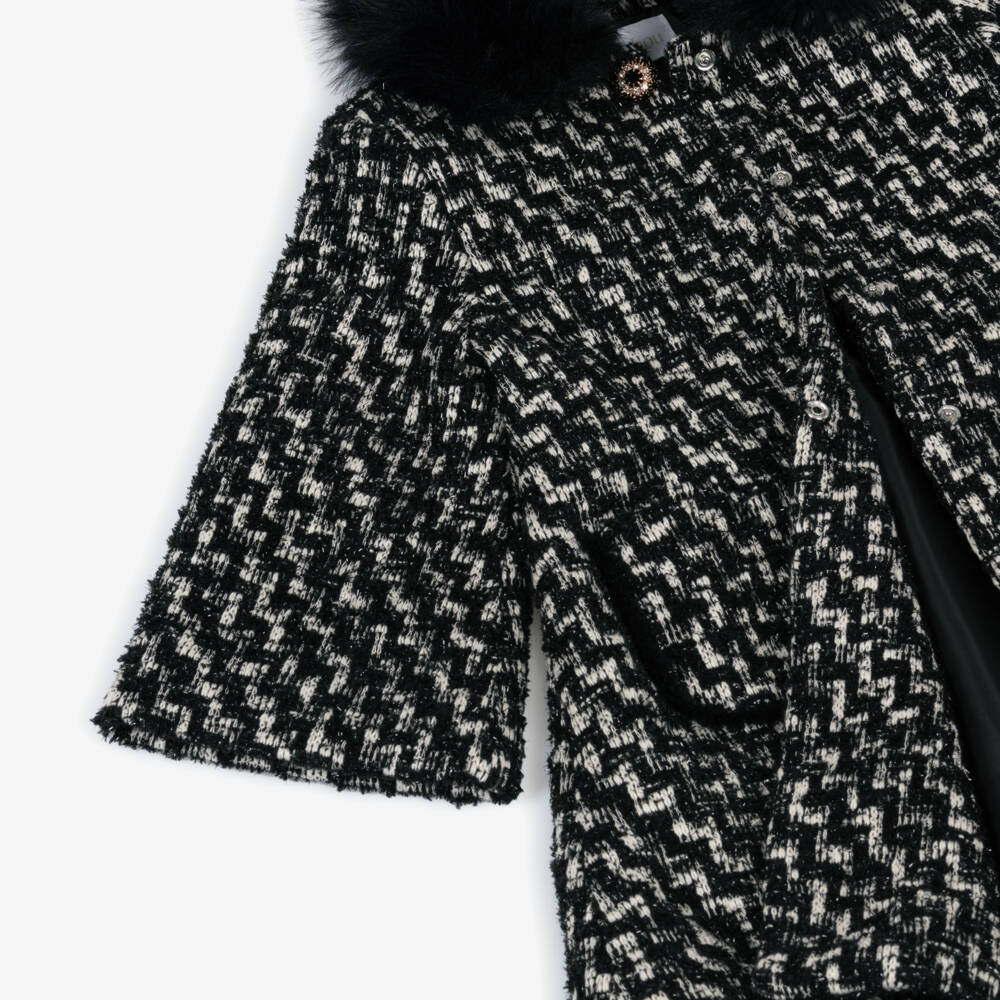 Patachou-Girls Black & Ivory Tweed Coat with Faux Fur Collar | Childrensalon