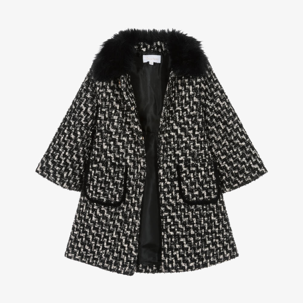 Patachou-Girls Black & Ivory Tweed Coat with Faux Fur Collar | Childrensalon