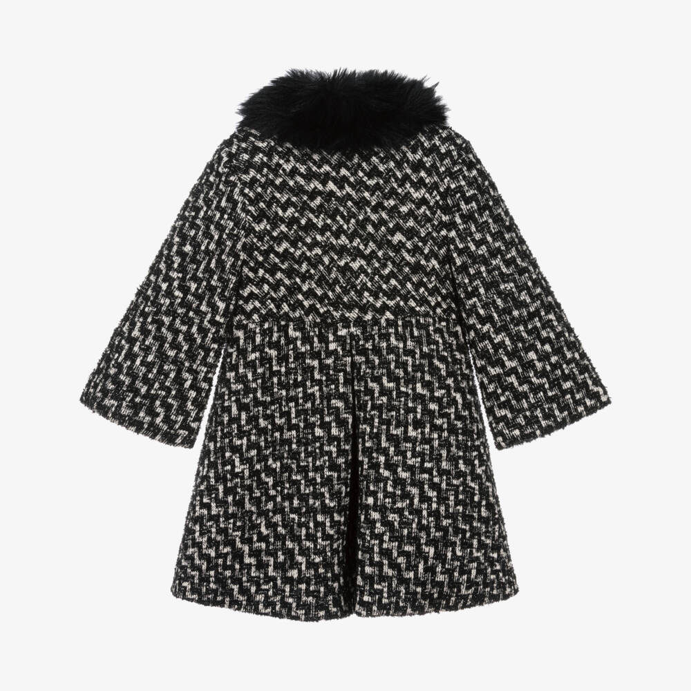 Patachou-Girls Black & Ivory Tweed Coat with Faux Fur Collar | Childrensalon