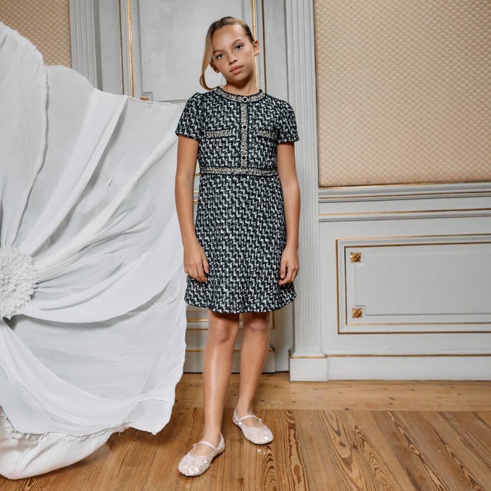 Patachou-Girls Black & Ivory Tweed Dress | Childrensalon