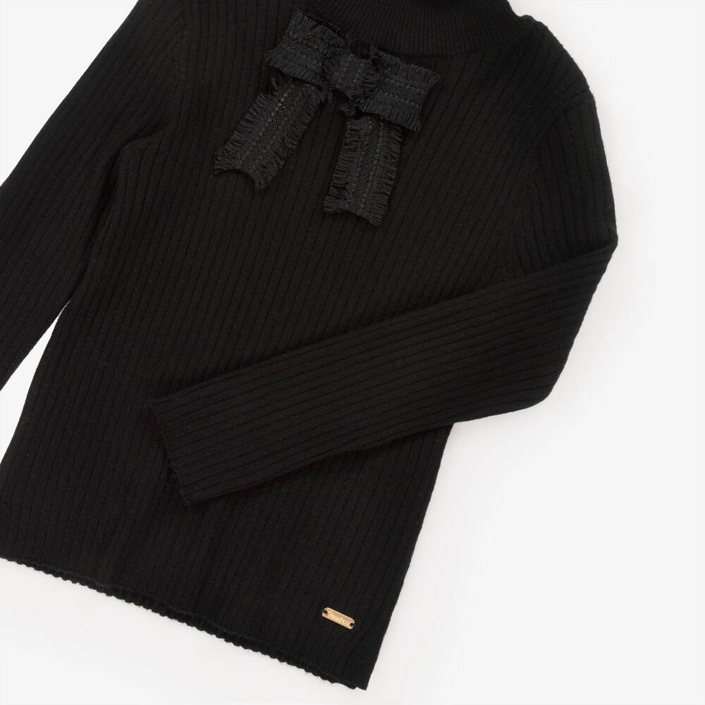 Patachou-Girls Black Knitted Roll Neck Top with Bow | Childrensalon
