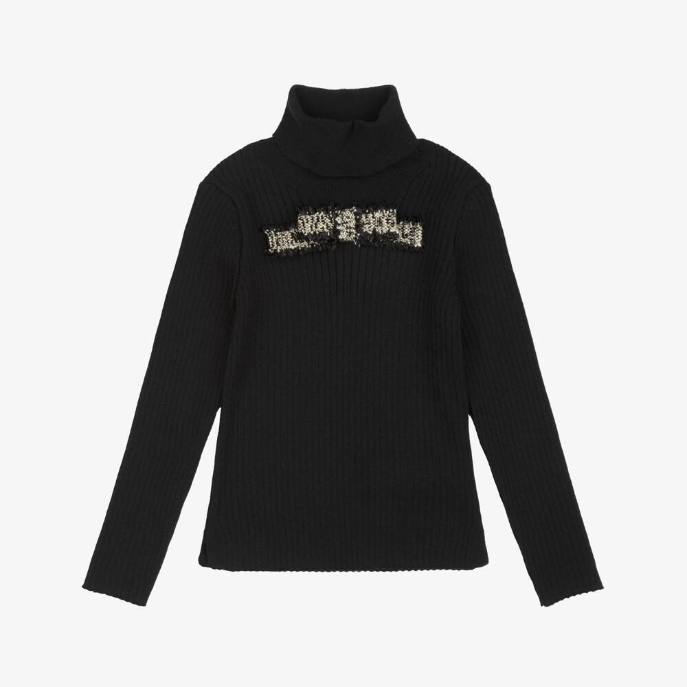 Patachou-Girls Black Roll Neck Top with Tweed Bow | Childrensalon