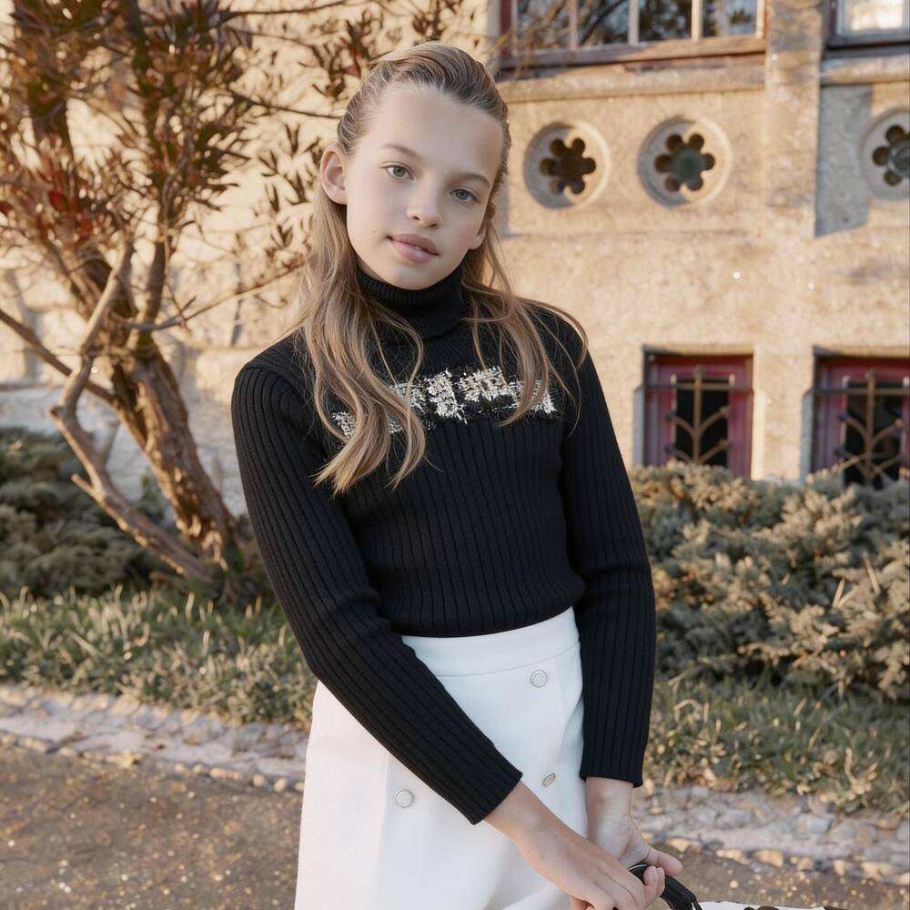 Patachou-Girls Black Roll Neck Top with Tweed Bow | Childrensalon