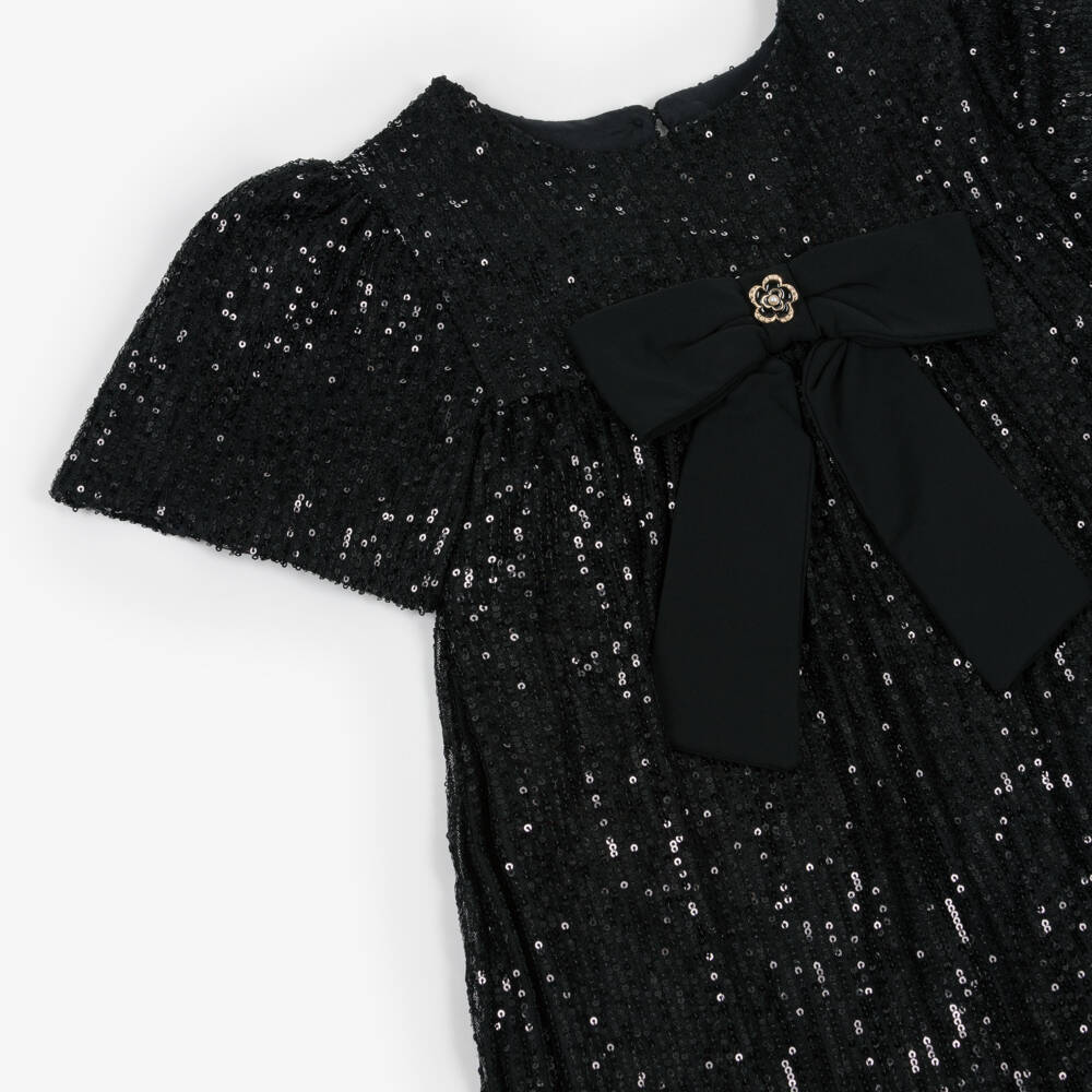 Patachou-Girls Black Sequin Dress with Crêpe Bow | Childrensalon