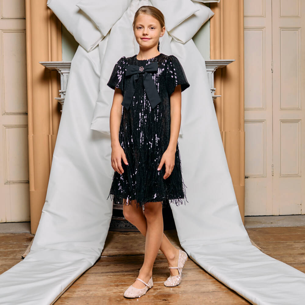 Patachou-Girls Black Sequin Dress with Crêpe Bow | Childrensalon