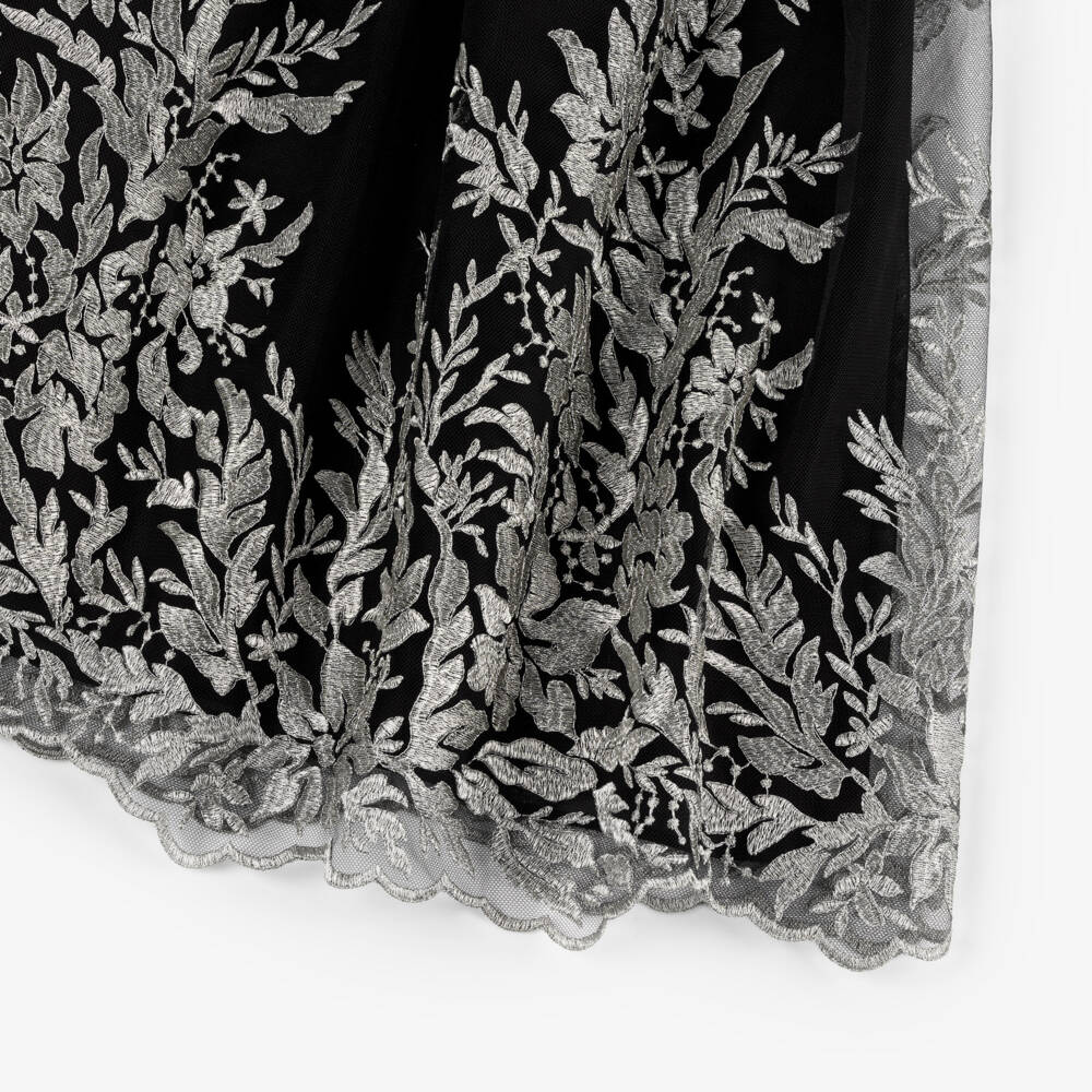 Patachou-Girls Black & Silver Embroidered Tulle Dress | Childrensalon