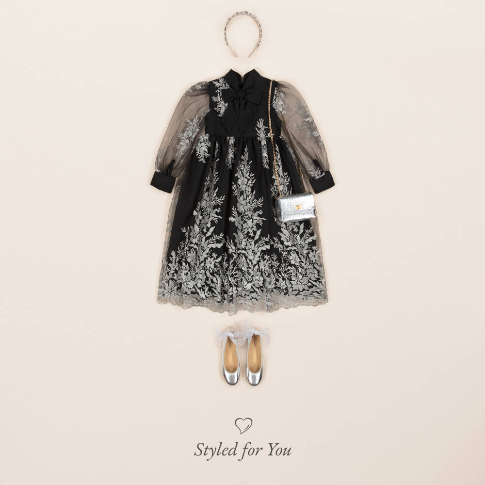 Patachou-Girls Black & Silver Embroidered Tulle Dress | Childrensalon