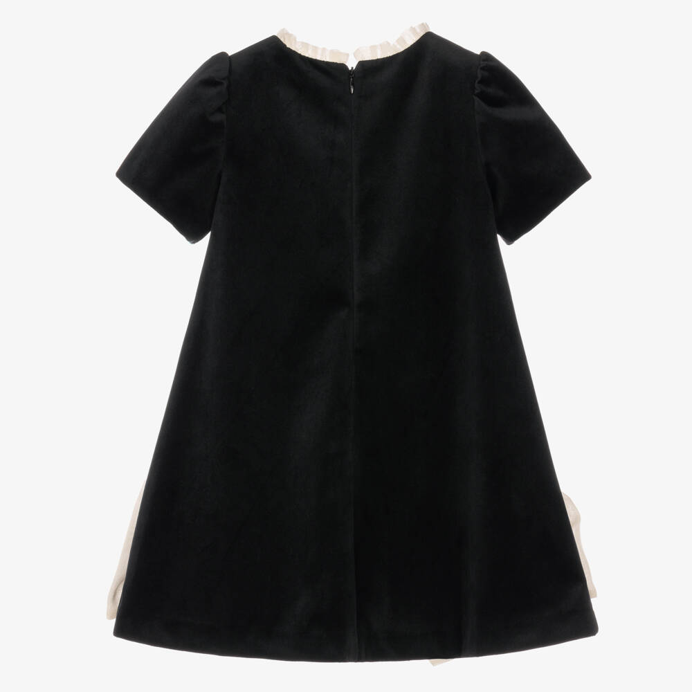 Patachou-Girls Black Velvet Dress with Ivory Bows | Childrensalon