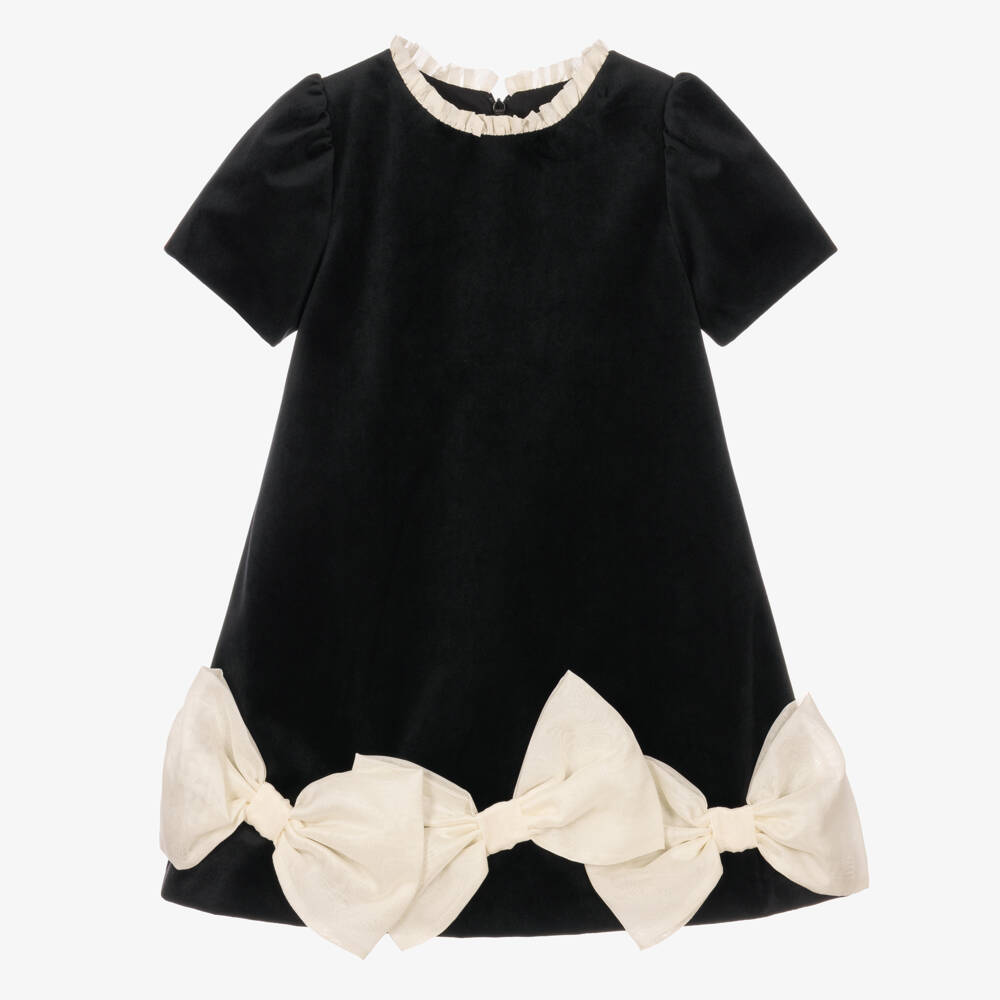 Patachou-Girls Black Velvet Dress with Ivory Bows | Childrensalon