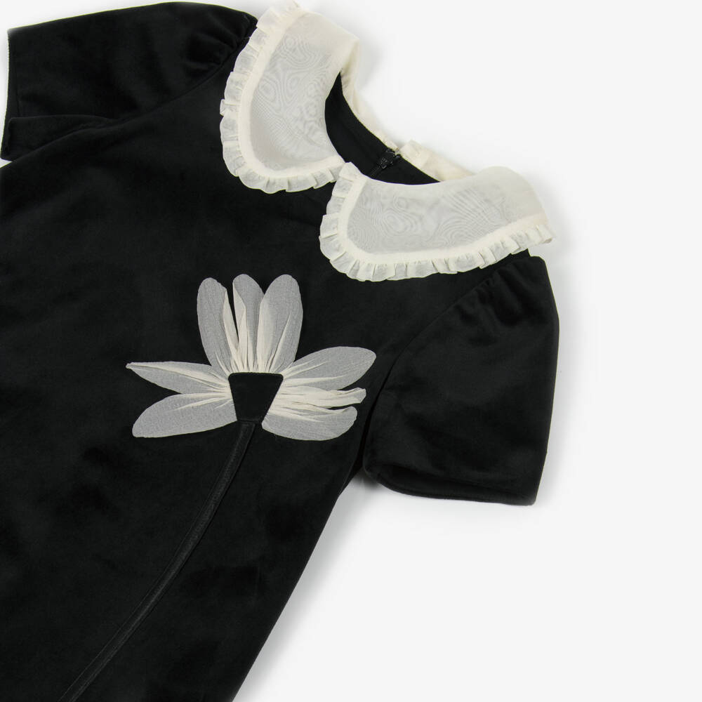Patachou-Girls Black Velvet Dress with Ivory Crêpe Floral Appliqué | Childrensalon