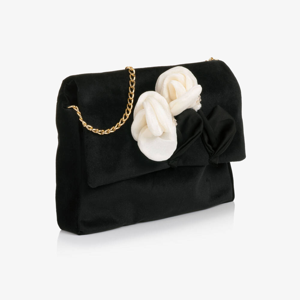 Patachou-Girls Black Velvet Handbag with Beaded Flowers (20cm) | Childrensalon