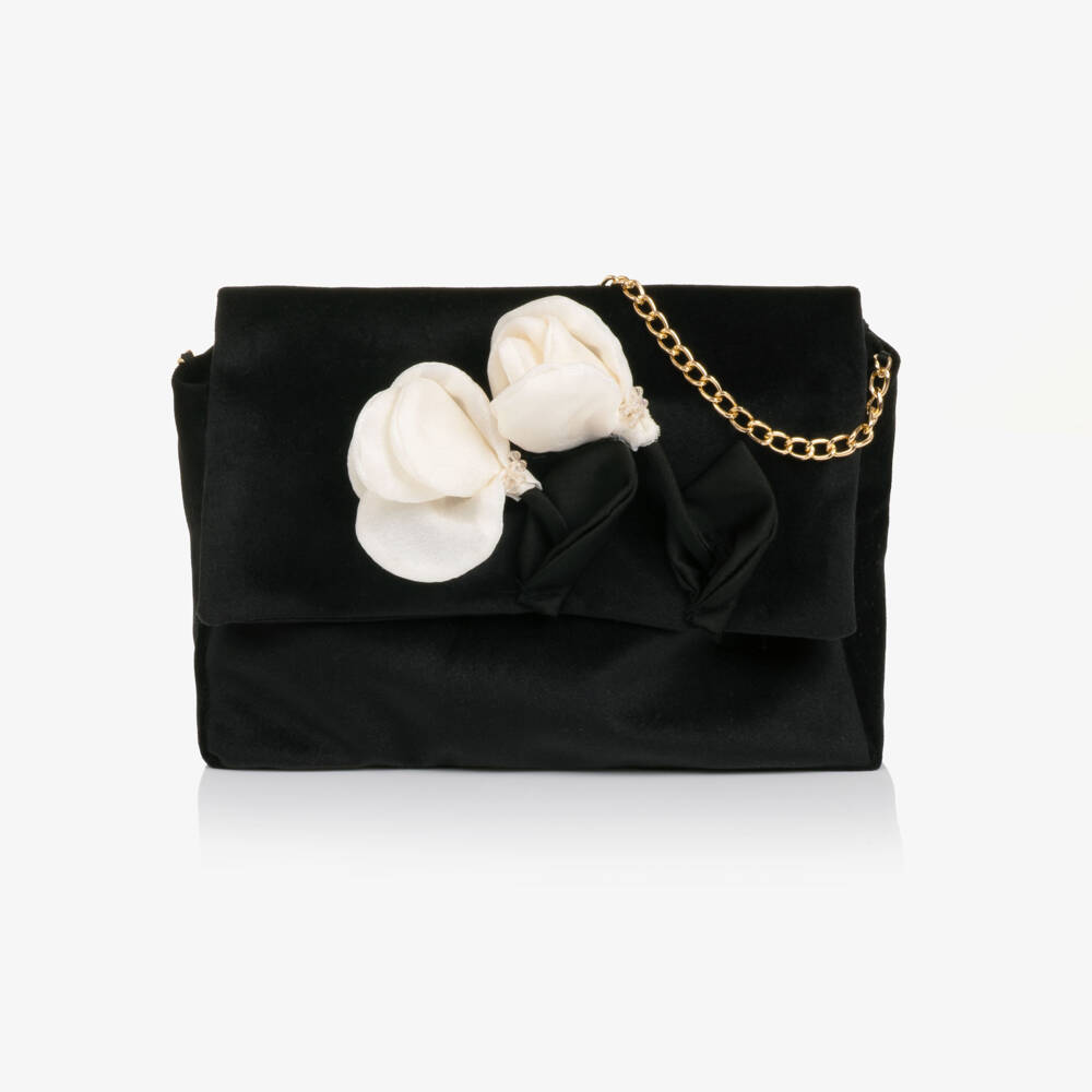 Patachou-Girls Black Velvet Handbag with Beaded Flowers (20cm) | Childrensalon