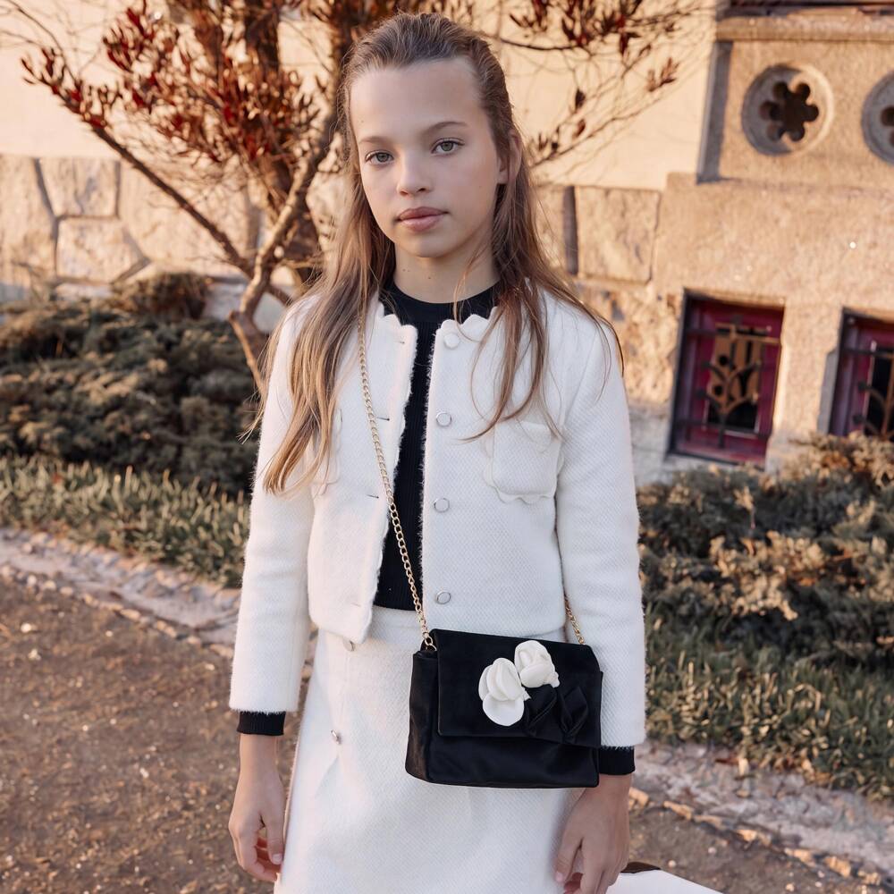 Patachou-Girls Black Velvet Handbag with Beaded Flowers (20cm) | Childrensalon