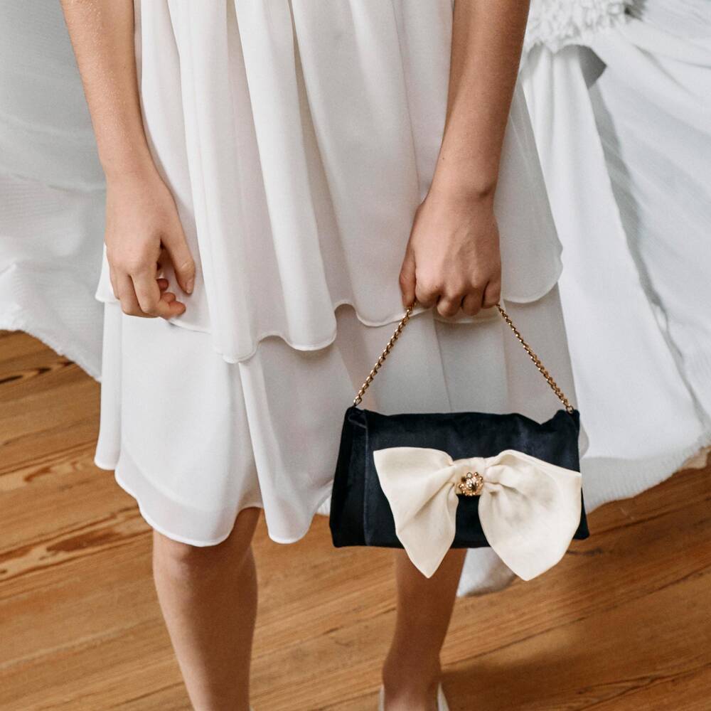 Patachou-Girls Black Velvet Handbag with Ivory Bow (22cm) | Childrensalon