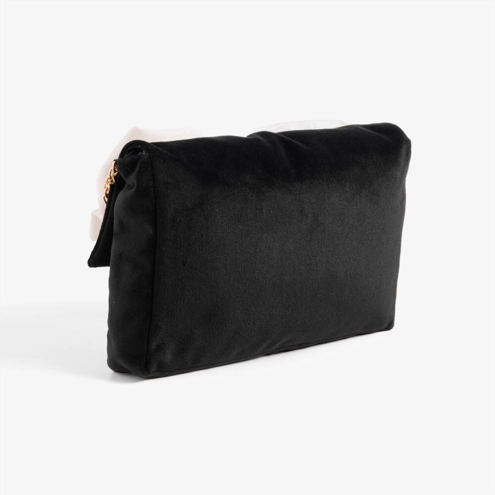 Patachou-Girls Black Velvet Handbag with Ivory Bow (22cm) | Childrensalon