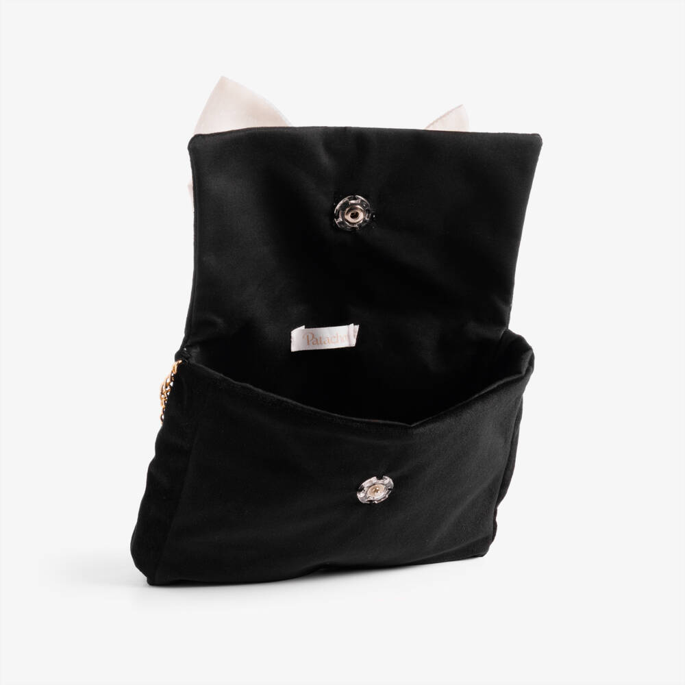 Patachou-Girls Black Velvet Handbag with Ivory Bow (22cm) | Childrensalon