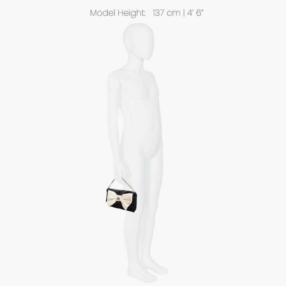 Patachou-Girls Black Velvet Handbag with Ivory Bow (22cm) | Childrensalon