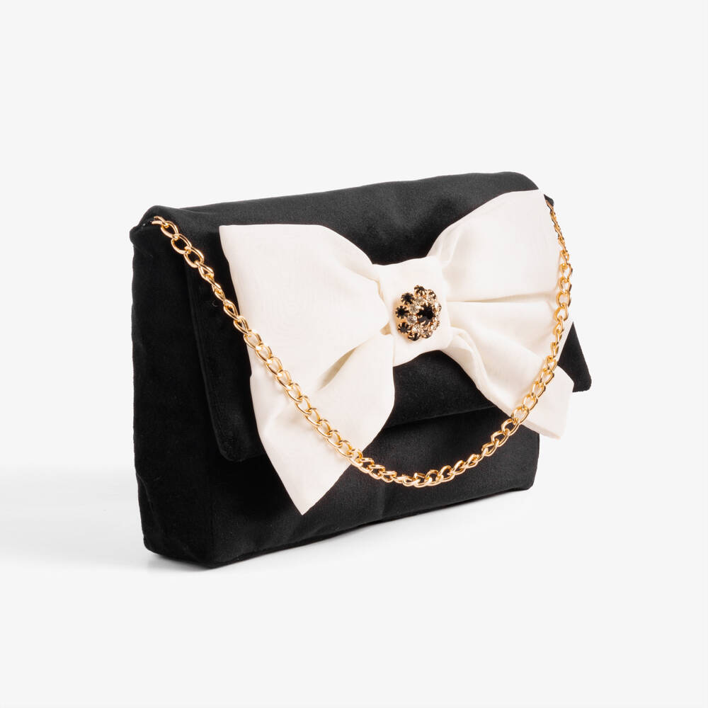 Patachou-Girls Black Velvet Handbag with Ivory Bow (22cm) | Childrensalon