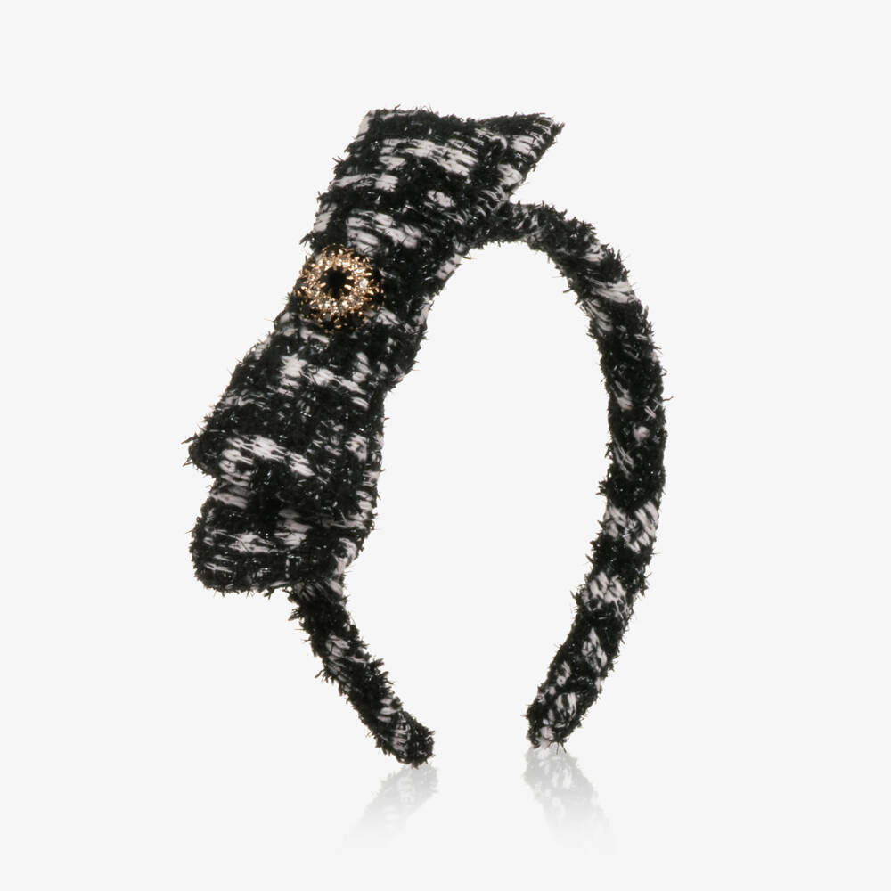 Patachou-Girls Black & White Tweed Bow Hairband  | Childrensalon