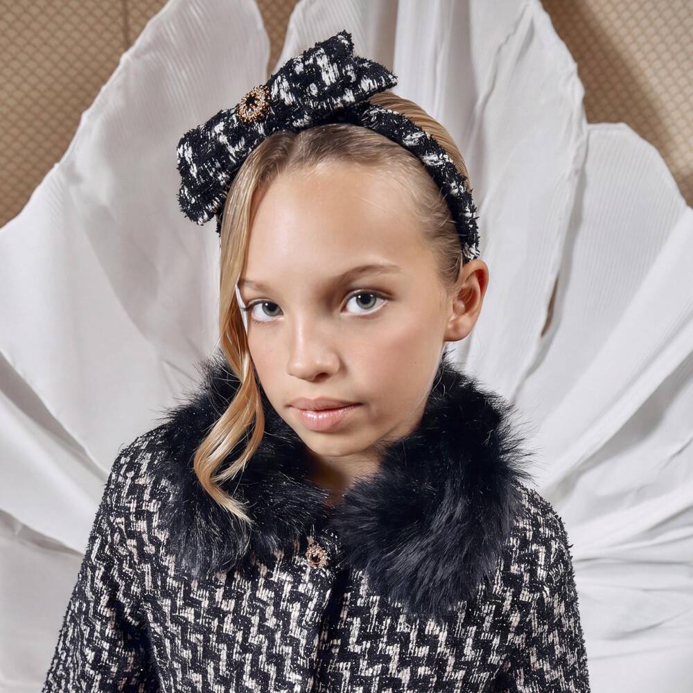 Patachou-Girls Black & White Tweed Bow Hairband | Childrensalon
