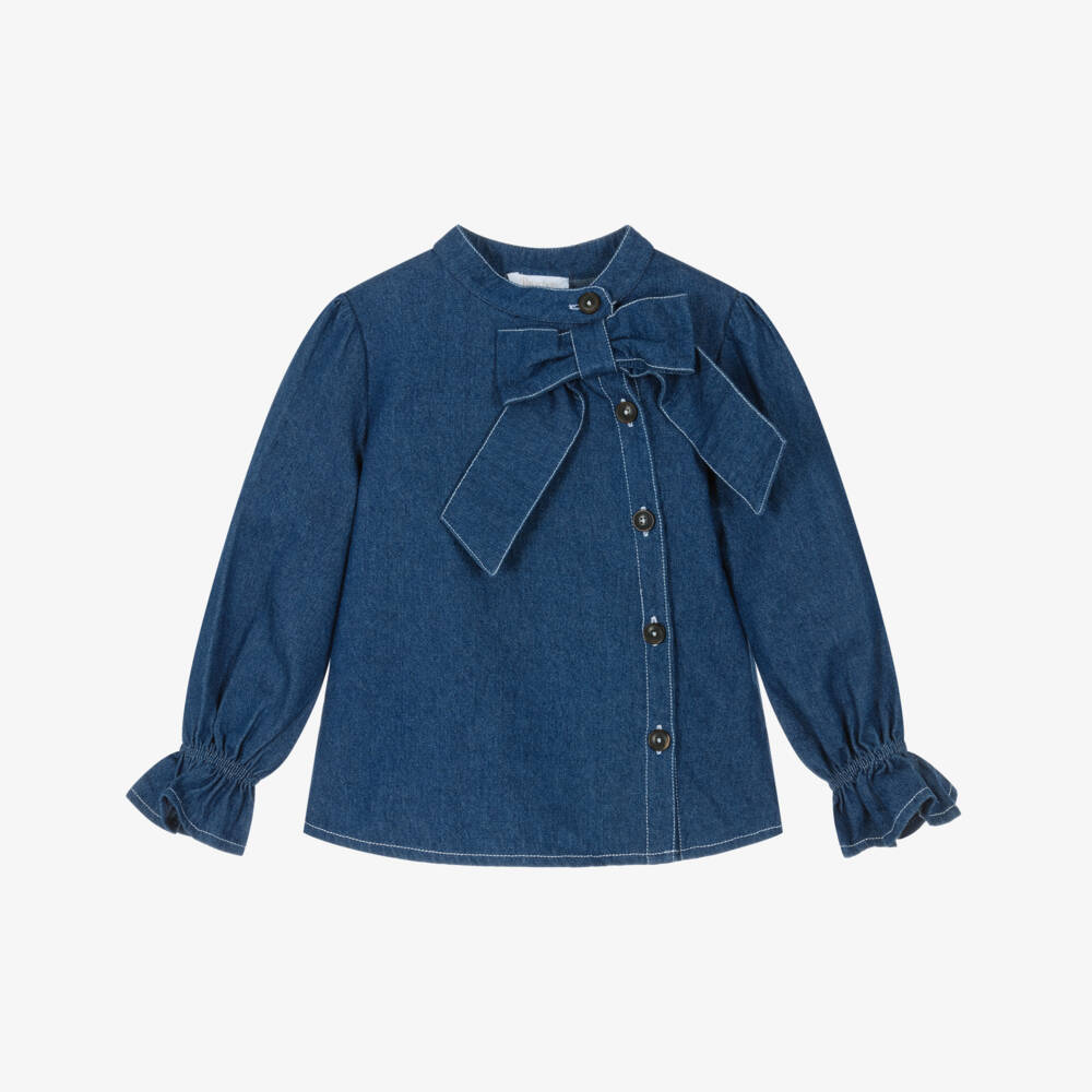 Patachou-Girls Blue Chambray Blouse with Bow  | Childrensalon