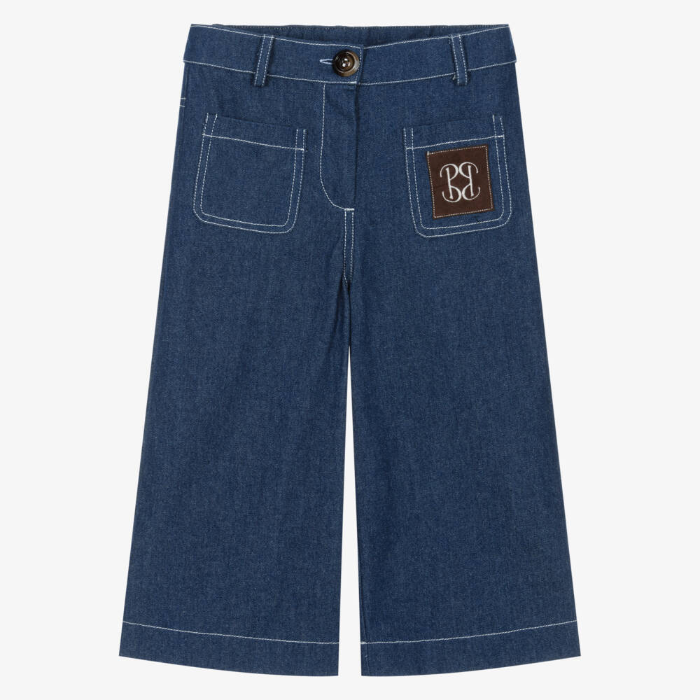 Patachou-Girls Blue Chambray Cropped Trousers with Patch Pockets | Childrensalon