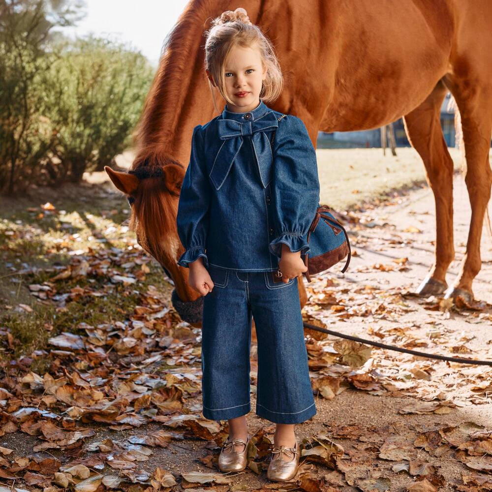 Patachou-Girls Blue Chambray Cropped Trousers with Patch Pockets | Childrensalon