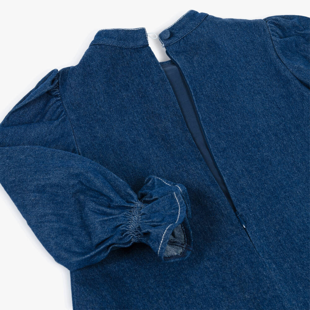 Patachou-Girls Blue Chambray Dress with Bow Neckline | Childrensalon