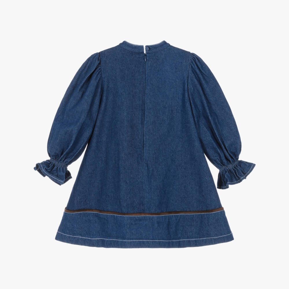 Patachou-Girls Blue Chambray Dress with Bow Neckline | Childrensalon