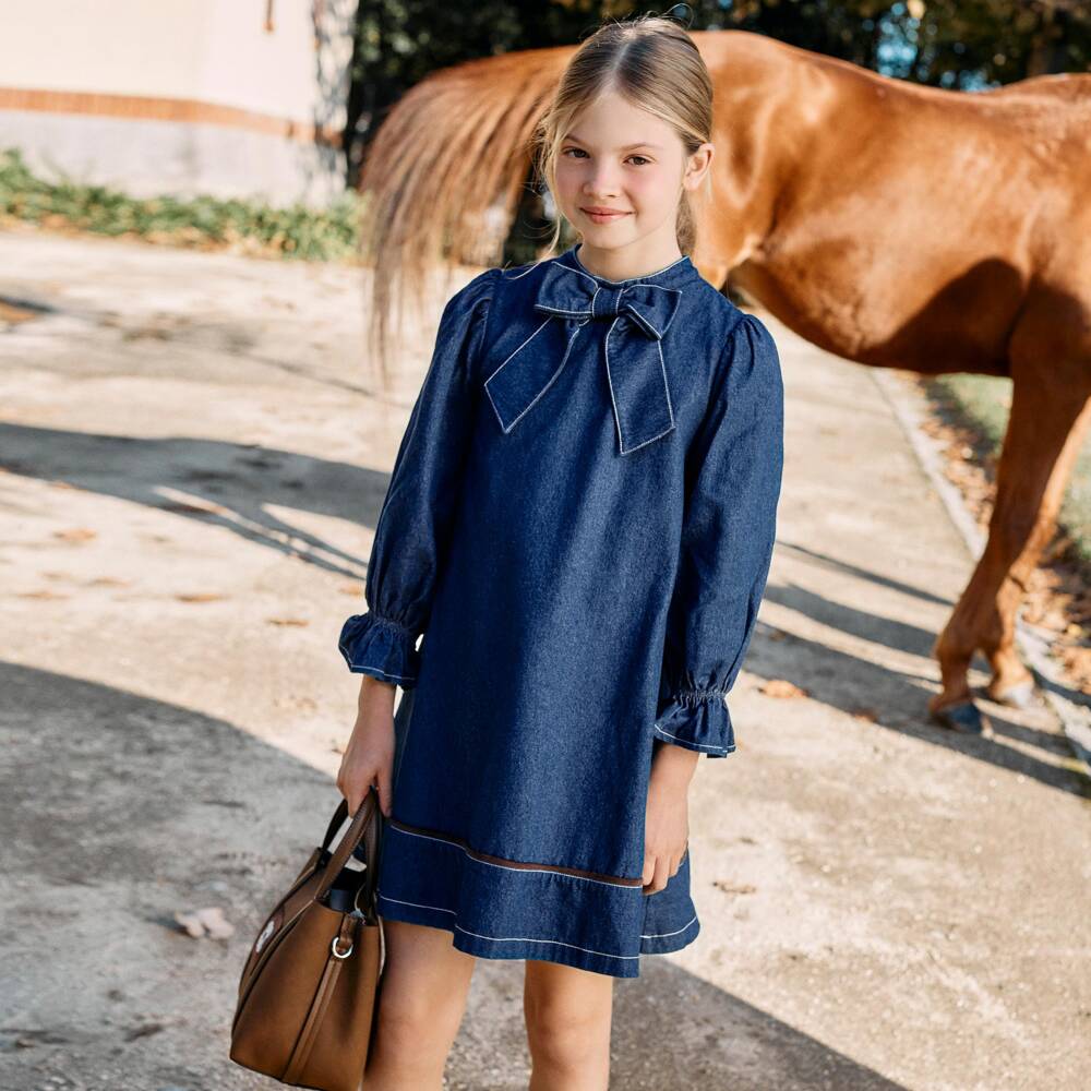 Patachou-Girls Blue Chambray Dress with Bow Neckline | Childrensalon