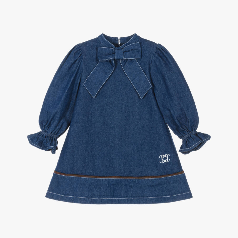 Patachou-Girls Blue Chambray Dress with Bow Neckline | Childrensalon