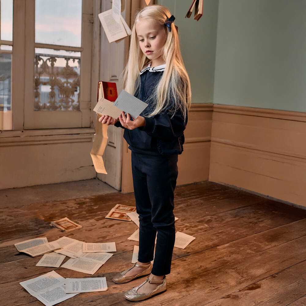 Patachou-Girls Blue Cotton Jersey Trouser Set & Velvet Shoulder Bag | Childrensalon