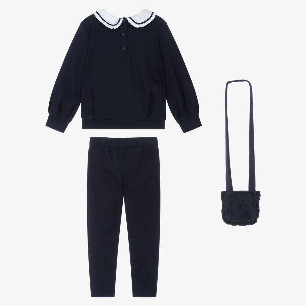 Patachou-Girls Blue Cotton Jersey Trouser Set & Velvet Shoulder Bag | Childrensalon
