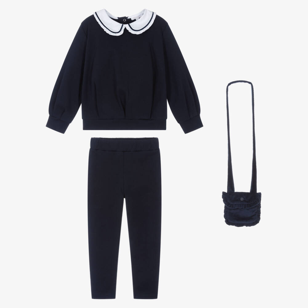 Patachou-Girls Blue Cotton Jersey Trouser Set & Velvet Shoulder Bag | Childrensalon