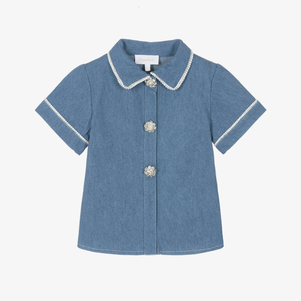 Patachou-Girls Blue Denim Blouse with Crystals & Pearl Beads | Childrensalon