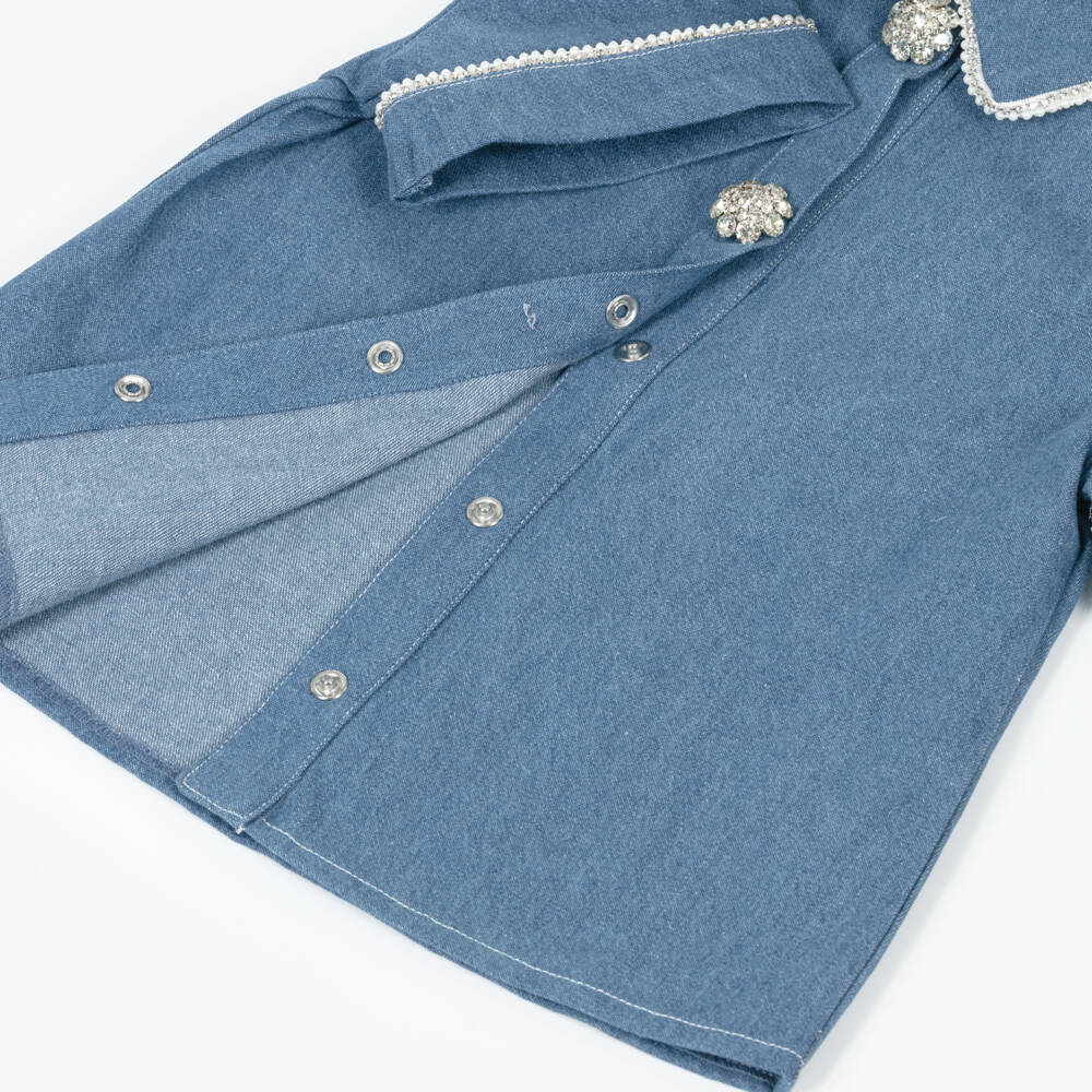 Patachou-Girls Blue Denim Blouse with Crystals & Pearl Beads | Childrensalon