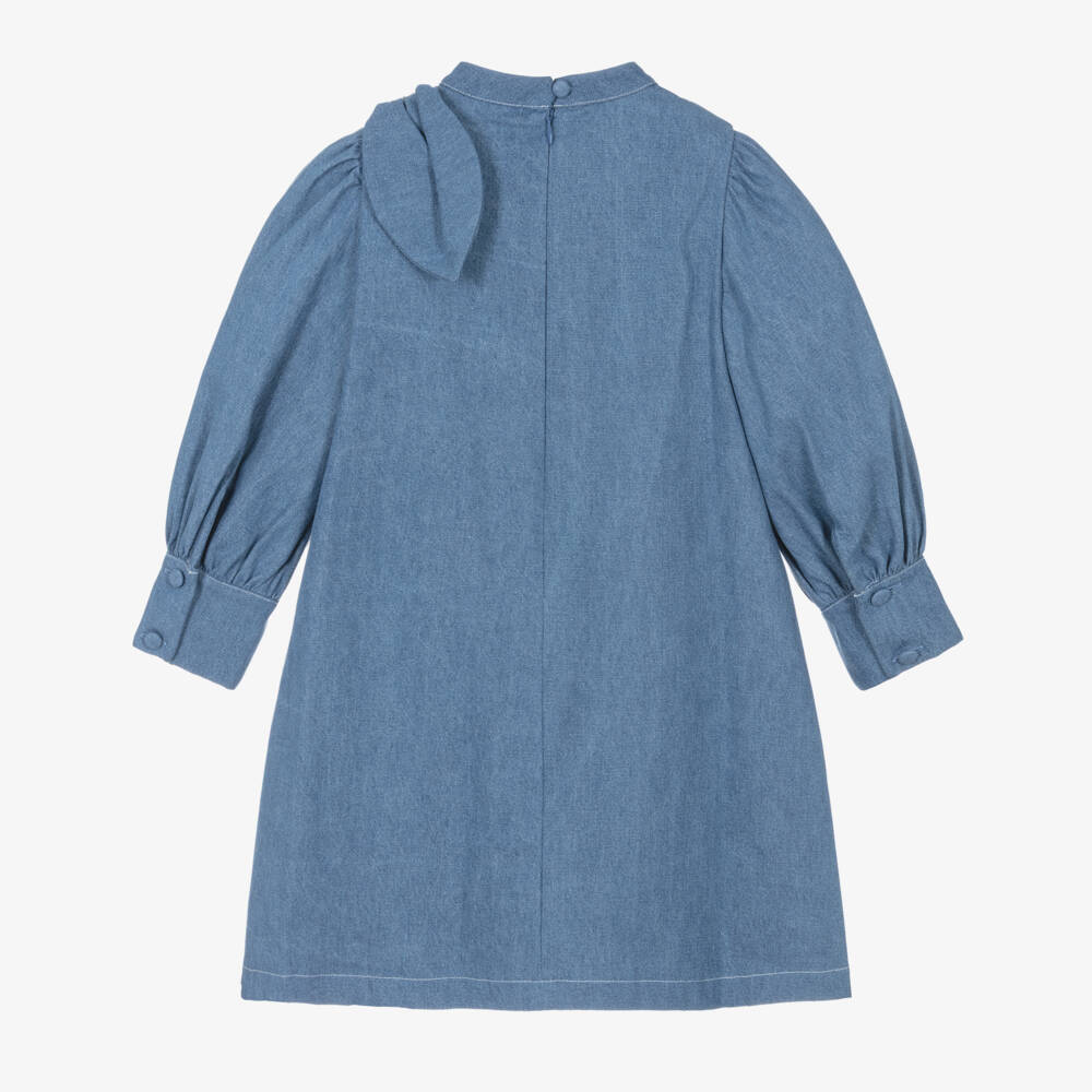 Patachou-Girls Blue Denim Bow Dress with Crystals & Pearl Beads | Childrensalon