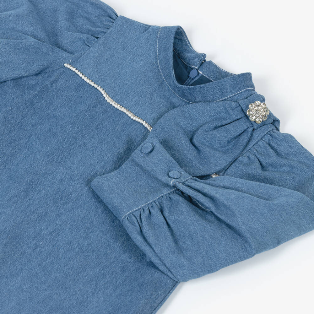 Patachou-Girls Blue Denim Bow Dress with Crystals & Pearl Beads | Childrensalon