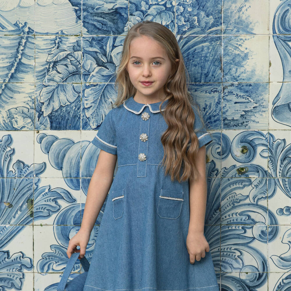 Patachou-Girls Blue Denim Dress with Diamanté Trimmed Collar | Childrensalon