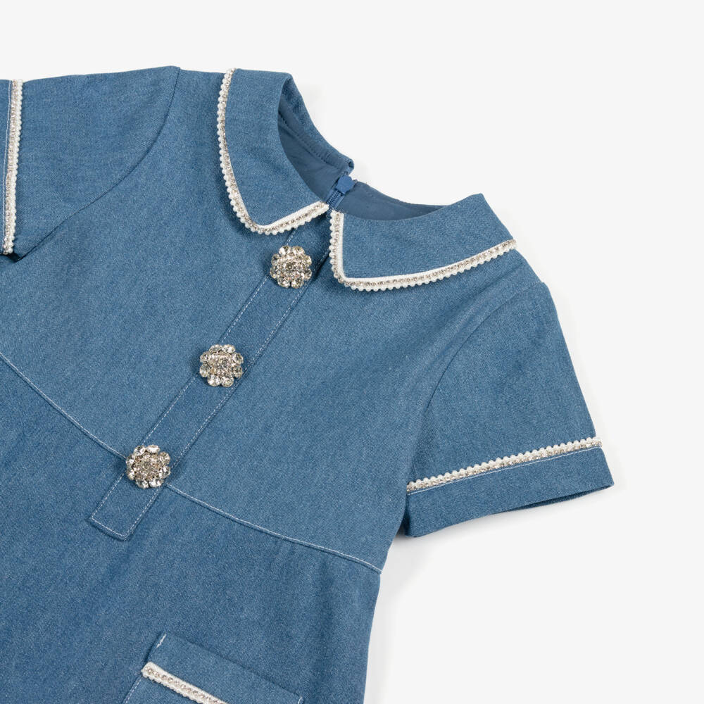 Patachou-Girls Blue Denim Dress with Diamanté Trimmed Collar | Childrensalon