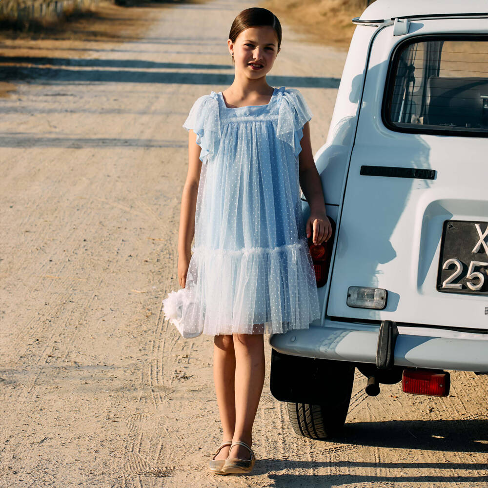 Patachou-Girls Blue Dotted Tulle Dress | Childrensalon