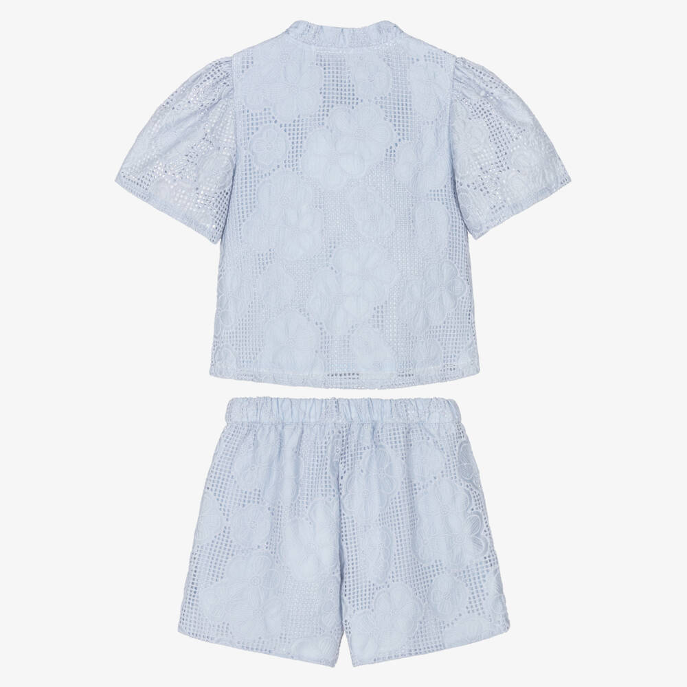 Patachou-Girls Blue Lace Shorts Set with Diamanté Bow | Childrensalon