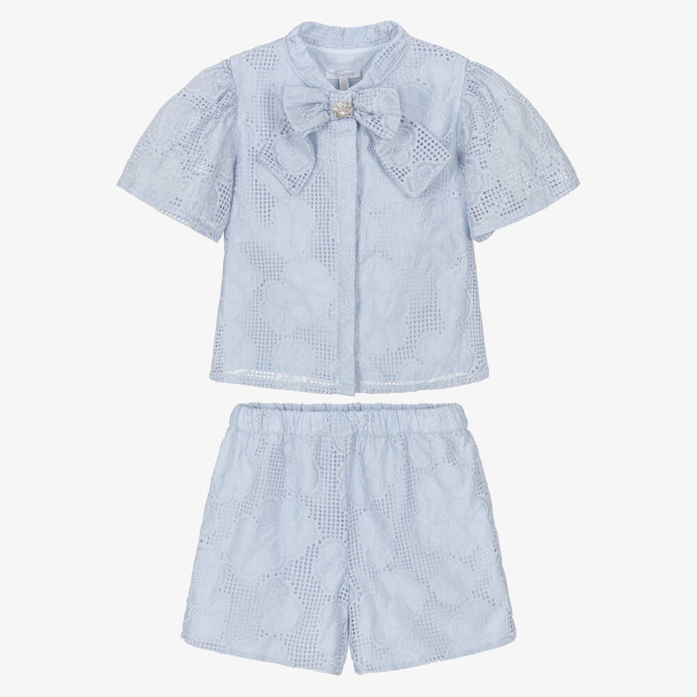 Patachou-Girls Blue Lace Shorts Set with Diamanté Bow | Childrensalon