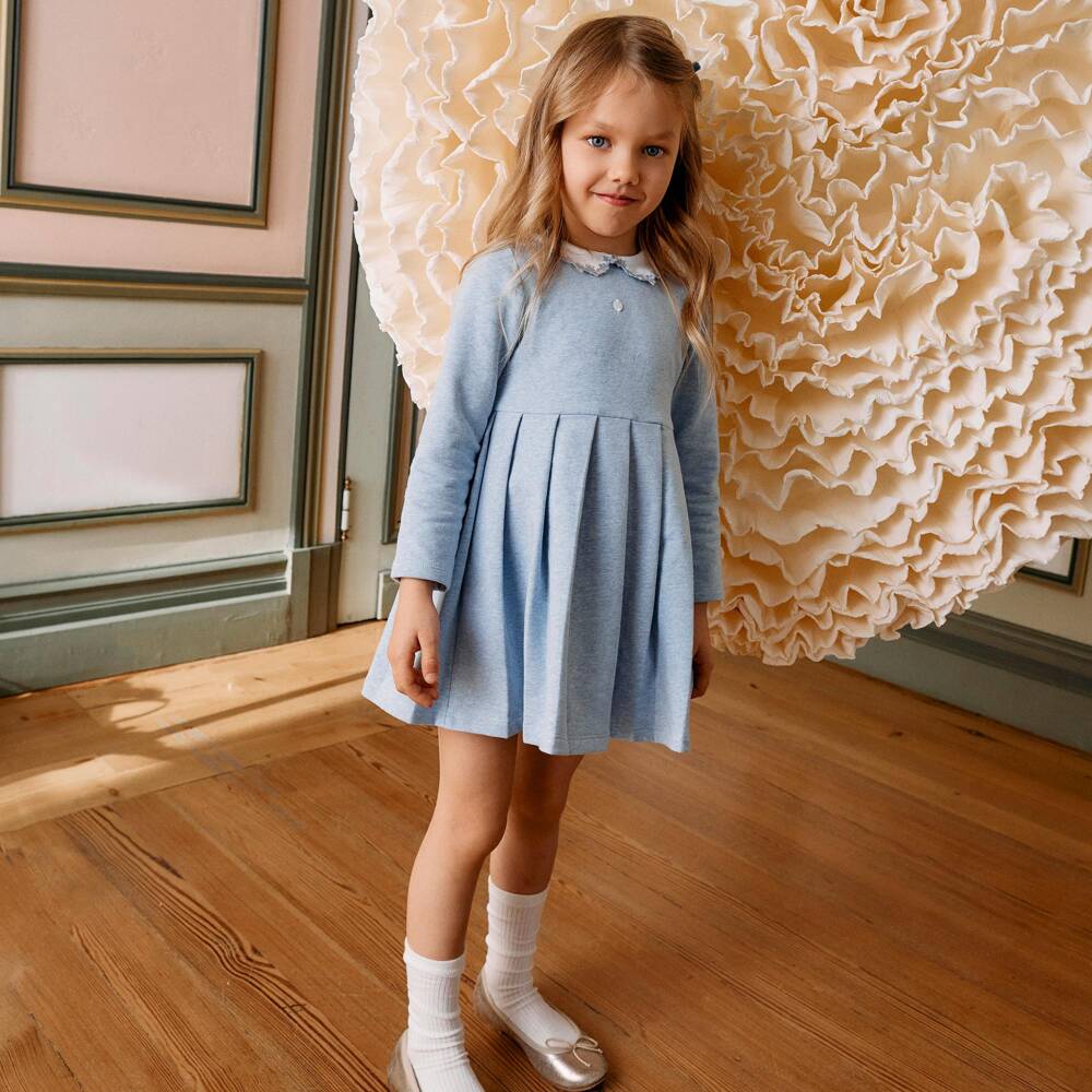 Patachou-Girls Blue Marl Pleated Jersey Dress | Childrensalon