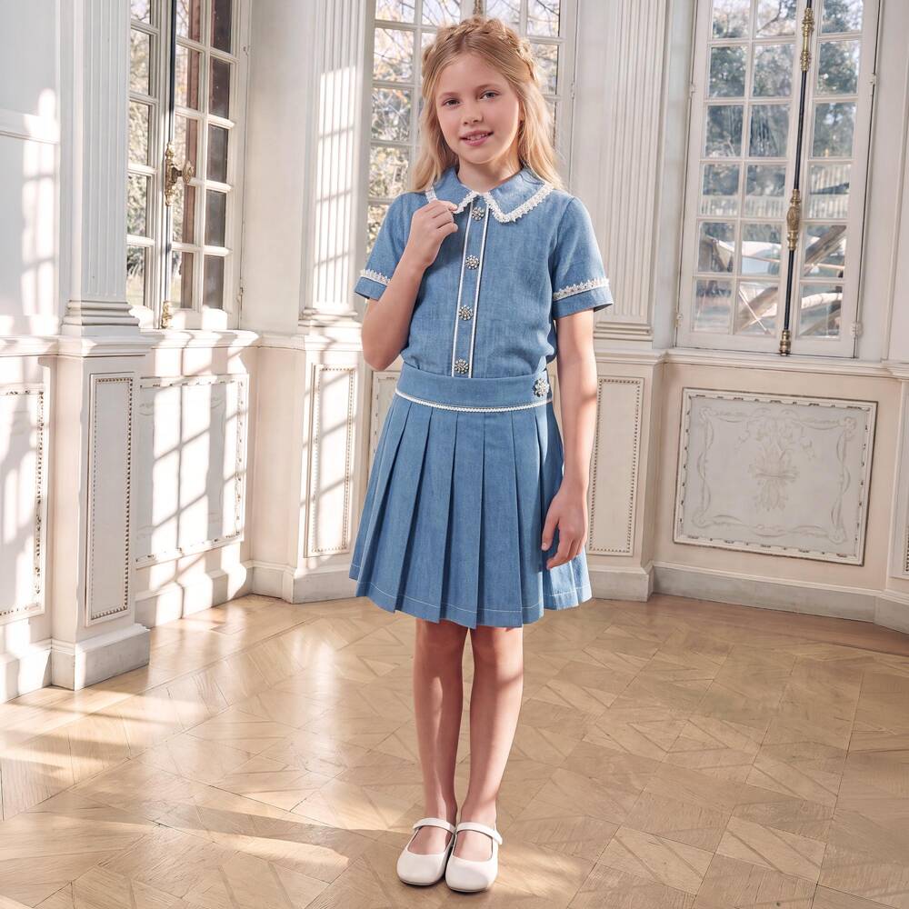 Patachou-Girls Blue Pleated Denim Skirt with Crystals & Pearl Beads | Childrensalon