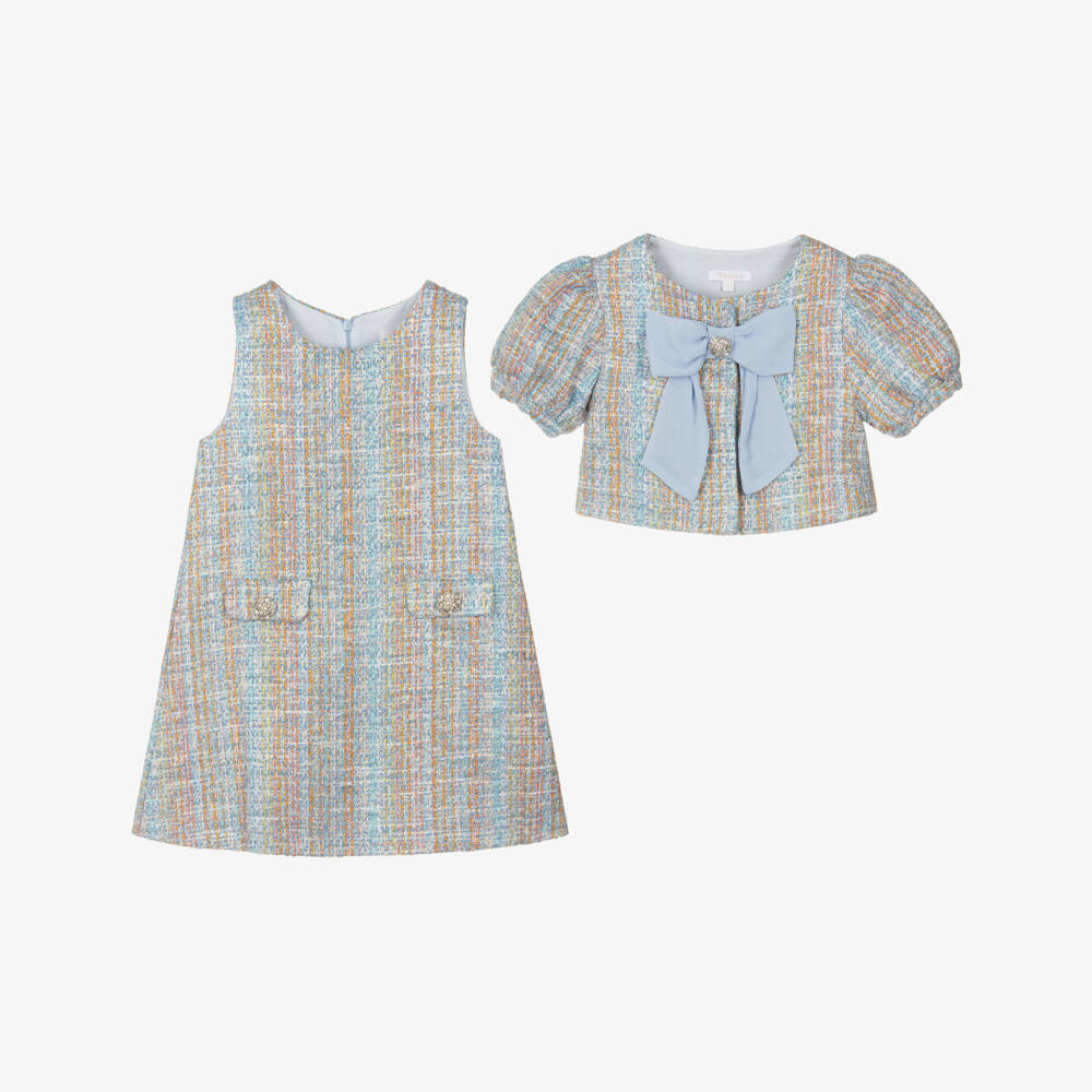 Patachou-Комплект с платьем и жакетом голубой твидовый для девочек | Childrensalon