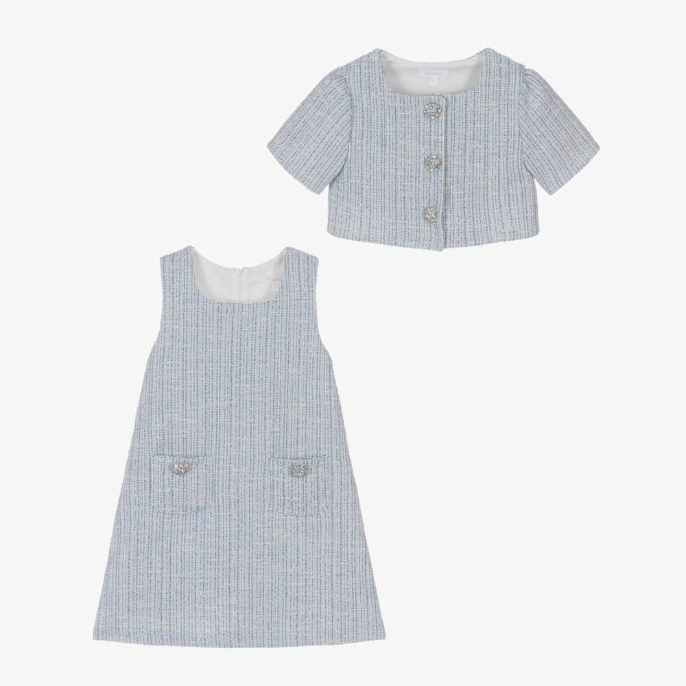 Patachou-طقم فستان تويد بأزرار كريستال لون أزرق للبنات | Childrensalon