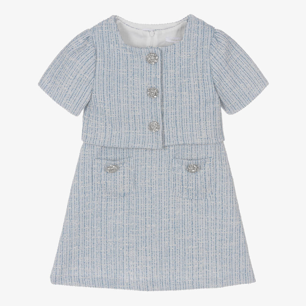 Patachou-طقم فستان تويد بأزرار كريستال لون أزرق للبنات | Childrensalon