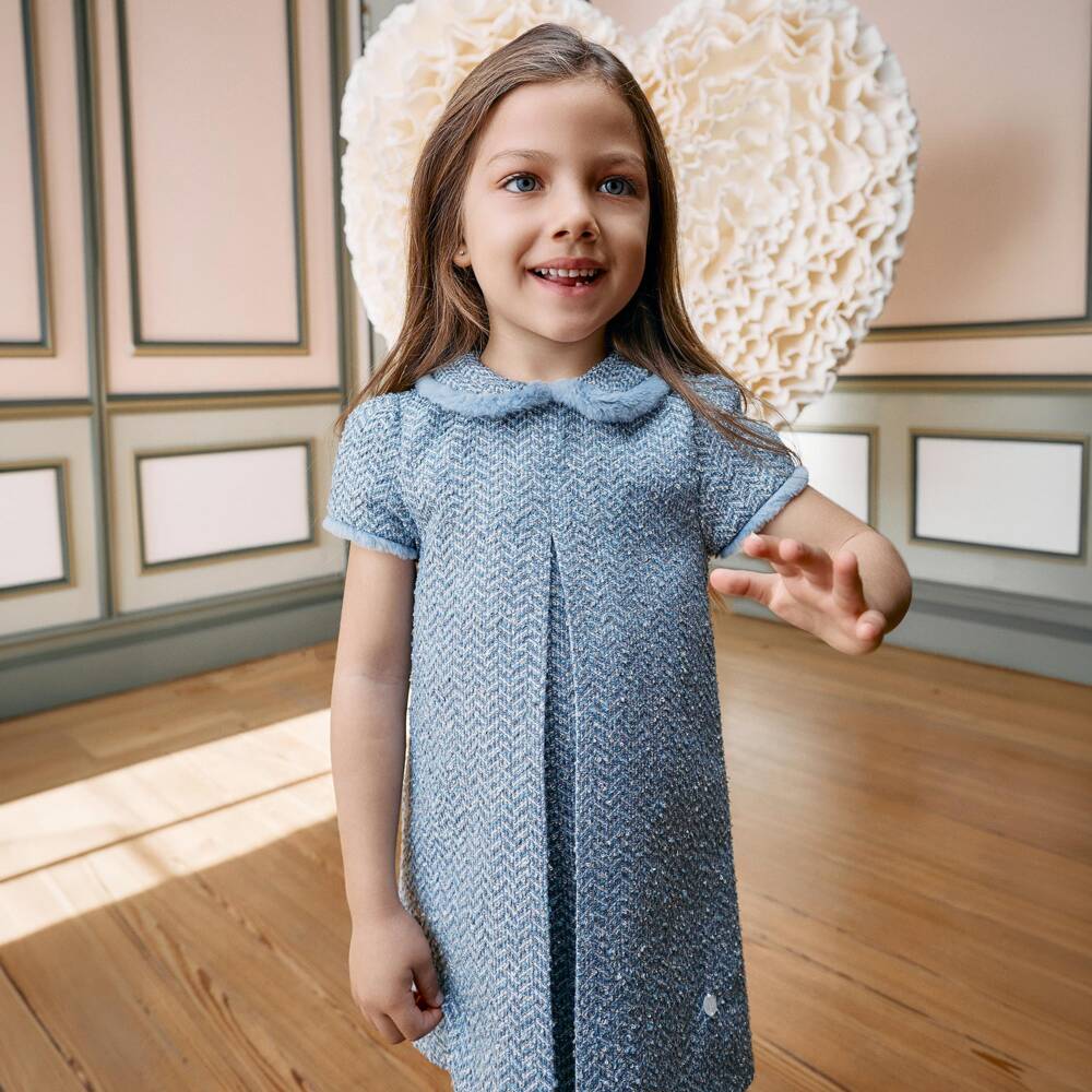 Patachou-Girls Blue Tweed Dress with Faux Fur Trim | Childrensalon